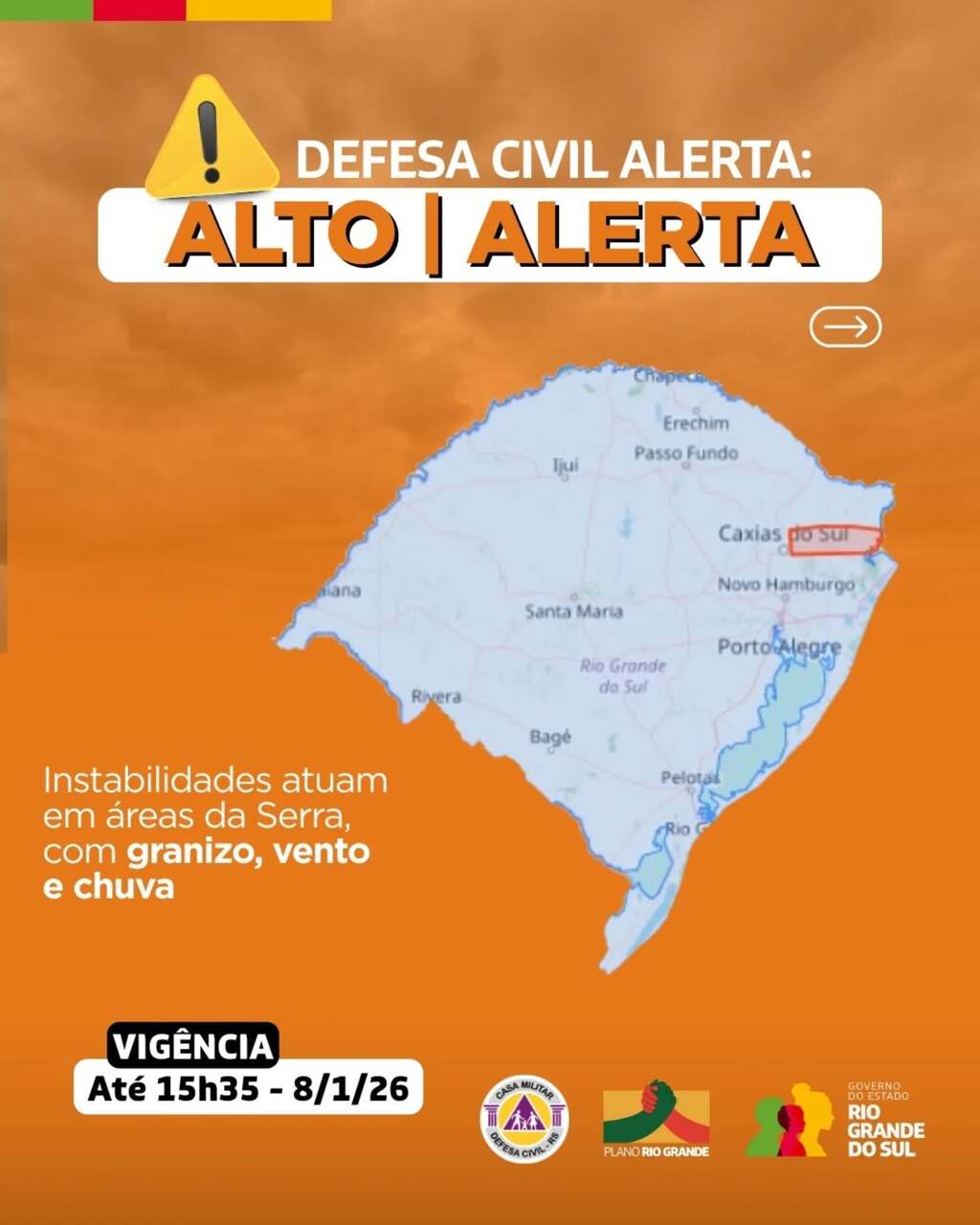 Defesa Civil emite alerta para temporais na Serra Gaúcha com alto risco de destelhamentos
